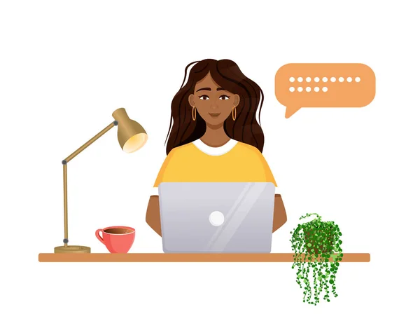 Wanita Bekerja Komputer Pekerjaan Jarak Jauh Freelance Kantor Rumah Pemrograman - Stok Vektor