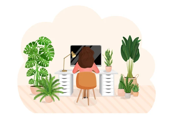 女自由职业者或女学生坐在家里的办公桌前工作 那姑娘的背影远程工作的概念 家里的办公室 自由职业 室内植物 矢量平面插图 — 图库矢量图片#
