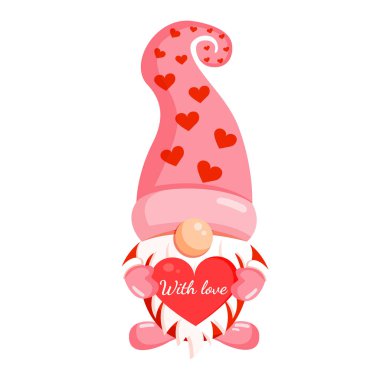 Pankart, kartpostal, tekstil ve dekor için elinde kırmızı bir kalp olan romantik bir cücenin tasviri. İskandinav İskandinav İskandinav cücesi, Sevgililer Günü için sevimli elf.