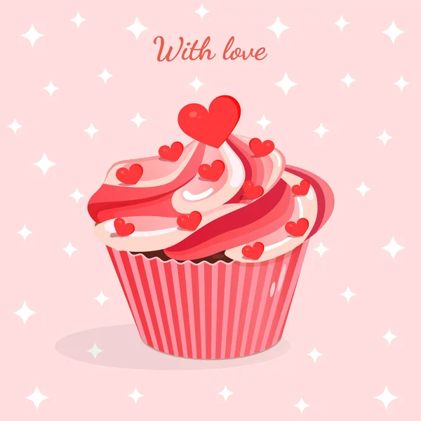Bolo Rosa Doce Com Corações Ilustração Vetorial Ícone Cupcake Para — Vetor de Stock