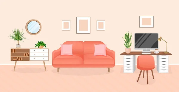 Interior Moderno Para Oficina Casa Con Computadora Gabinete Trabajo Remoto — Vector de stock