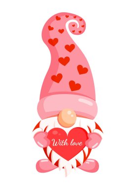 Pankart, kartpostal, tekstil ve dekor için elinde kırmızı bir kalp olan romantik bir cücenin tasviri. İskandinav İskandinav İskandinav cücesi, Sevgililer Günü için sevimli elf.