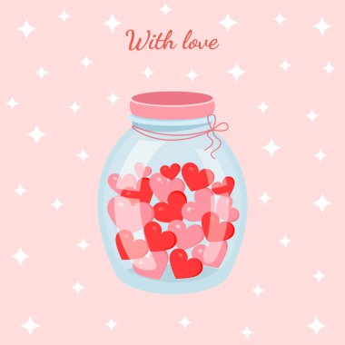 Kalpli romantik bir kavanoz. Sevgililer Günü kartpostal, tekstil, dekor ve poster için bir kavanozun vektör çizimi. Aşk mesajı. Tebrik kartı