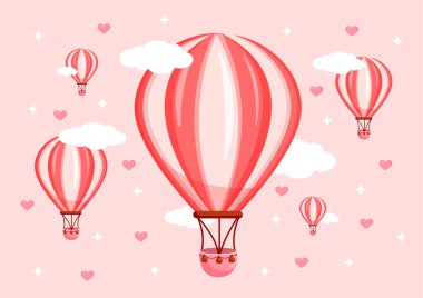 Kartpostal, tekstil, dekor ve poster için sevgililer günü için bulutların, kalplerin ve gökyüzünün arkasındaki pembe balonların vektör çizimi. Tebrik kartı