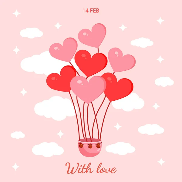 Pink Hot Air Balloons Shape Hearts Valentine Day Postcard Textile — Stock Vector