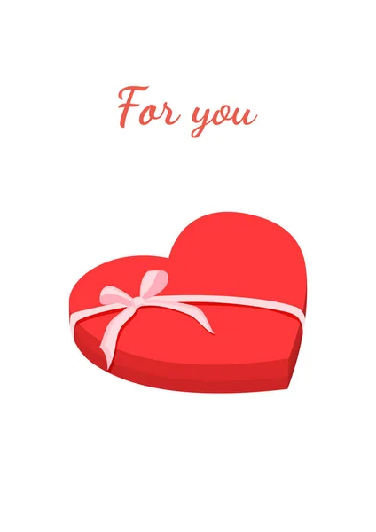 Caja roja en forma de corazón con lazo rosa para dulces. Ilustración vectorial de envoltorio de regalo para postales, textiles, decoración, póster, pancarta. Tarjeta de felicitación para San Valentín y otros días festivos. — Vector de stock