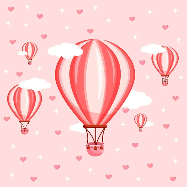 Vector illustratie van roze ballonnen op de achtergrond van wolken, harten en lucht voor Valentijnsdag voor ansichtkaart, textiel, decor, poster. Wenskaart. — Stockvector