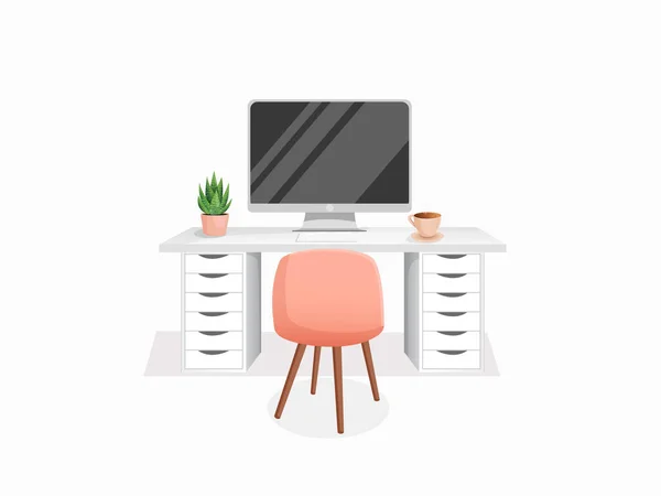 Espaço de trabalho com computador, mesa, planta, cadeira e xícara em fundo branco isolado para escritório em casa, gabinete, trabalho remoto, freelancer, ensino. Ilustração vetorial em estilo de desenho animado plano. — Vetor de Stock