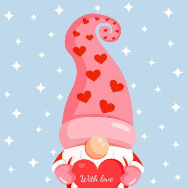 Pankart, kartpostal, tekstil ve dekor için elinde kırmızı bir kalp olan romantik bir cücenin tasviri. İskandinav İskandinav İskandinav cücesi, Sevgililer Günü için sevimli elf.