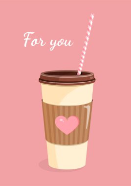 Kartpostal, tekstil, dekor, poster ve afiş için kalbi olan kahve kağıdı bardağı. Pipetle plastik bardağın vektör çizimi. Sevgililer Günü ve diğer tatiller için tebrik kartı.