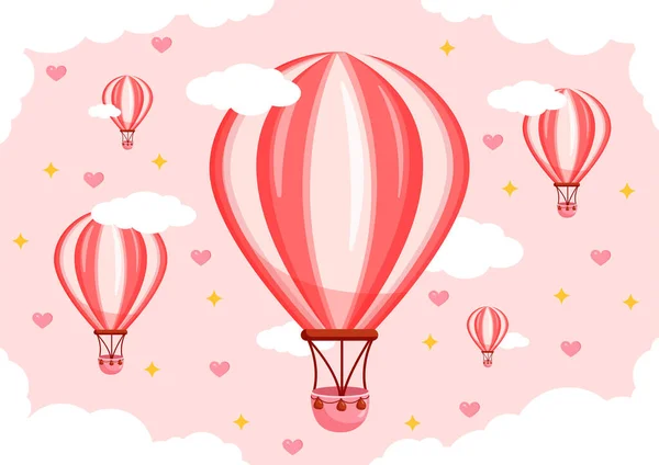 Vektor Ilustrasi Balon Merah Muda Latar Belakang Awan Hati Dan - Stok Vektor