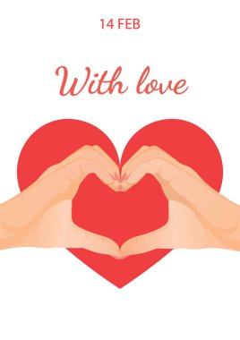 Eller kalp işareti oluşturur. Sevgililer günü için tebrik kartı ve kartpostal, tekstil, dekor, poster, pankart, internet, sosyal medya için el kalp jesti. Vektör illüstrasyonu.