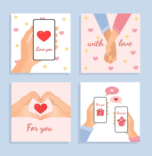一套浪漫的卡片 互联网 社交网络的插图 收集矢量设计与手 聊天在线情人节 — 图库矢量图片#