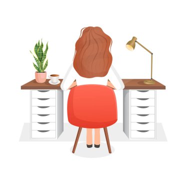 Serbest çalışan bir kadın, yönetici evde bilgisayar başında masa başında çalışıyor. Kızın arka görüntüsü. Uzaktan çalışma, evdeki ofis, programlama. Vektör illüstrasyonu.