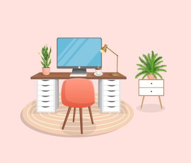 Bilgisayarlı, kabineli, uzaktan kumandalı, serbest çalışan, eğitimli ev işleri için modern iç mekan. Ev bitkileriyle dolu bir işyeri. Çizgi film tarzında vektör illüstrasyonu. Rahat iş yeri ve daire