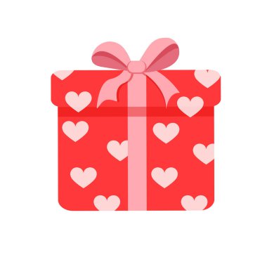 Kırmızı hediye kutusu. Yay ve kalplerle süpriz. Simge, imza, kartpostal, poster, afiş ve hediye sertifikası için mevcut vektör illüstrasyonu. Sevgililer günü, Noel, doğum günü için element.