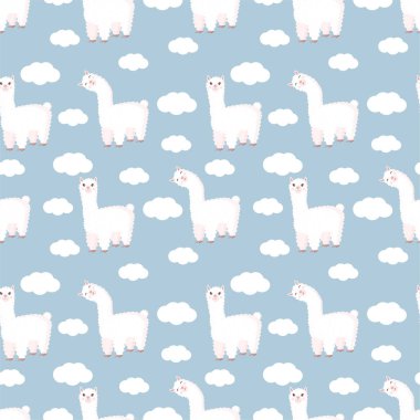Tuhaf bir lama ve mavi arka planda bulutlar olan kusursuz bir desen. Bebek dokusu, tekstil, kumaş, poster, tebrik kartı ve dekor için uygun vektör çizimi. Peru 'dan tatlı alpaka.