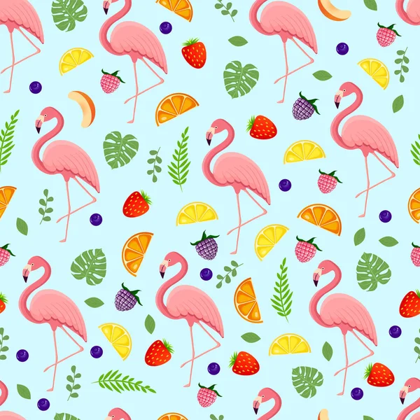 Patrón Sin Costuras Con Flamenco Aves Tropicales Hojas Bayas Frutas — Vector de stock