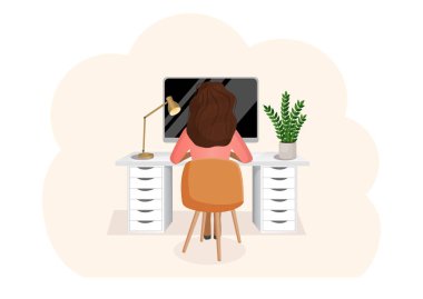Serbest çalışan kadın ya da öğrenci izole bir arka planda bir masada oturuyor. Kızın arka görüntüsü. Uzaktan çalışma konsepti, evdeki ofis, serbest çalışma, programlama. Vektör düz resimleme