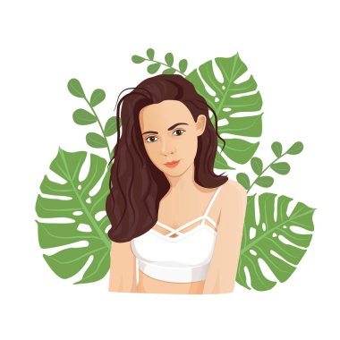 Beyaz bluzlu, egzotik yapraklı esmer kız. Bir kızın resmi. Karakter tasarım konsepti. Reklam, afiş, şablon, broşür, kartpostal için bir kızın resmi