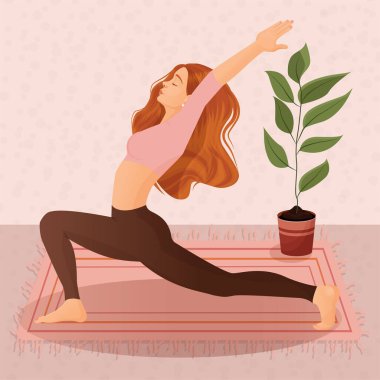 Evde yoga ve spor yapan genç bir kızın tasviri. Yoga, meditasyon, spor, sağlıklı yaşam tarzı, yoga pozları, asana, fitness, egzersiz, jimnastik, egzersiz