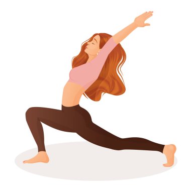 Beyaz bir arka planda spor pozu veren genç bir kız tasviri. Yoga, meditasyon, spor, sağlıklı yaşam tarzı, yoga pozları, asana, fitness, egzersiz, jimnastik, egzersiz