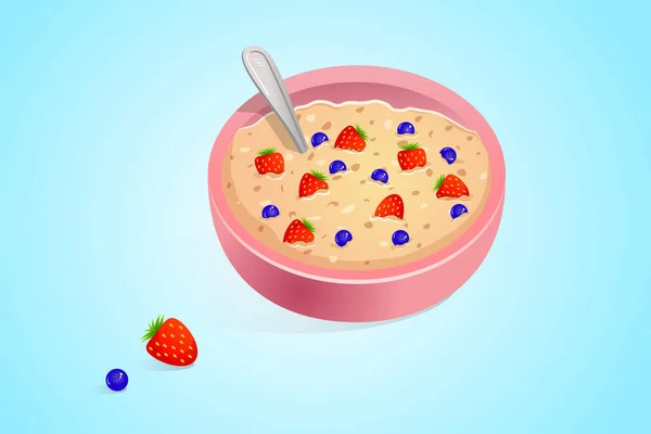 燕麦片 早餐用蓝莓和草莓放在粉红盘子里 蓝色背景的带有浆果的谷物图解 平面设计风格 适当营养的概念 — 图库照片#