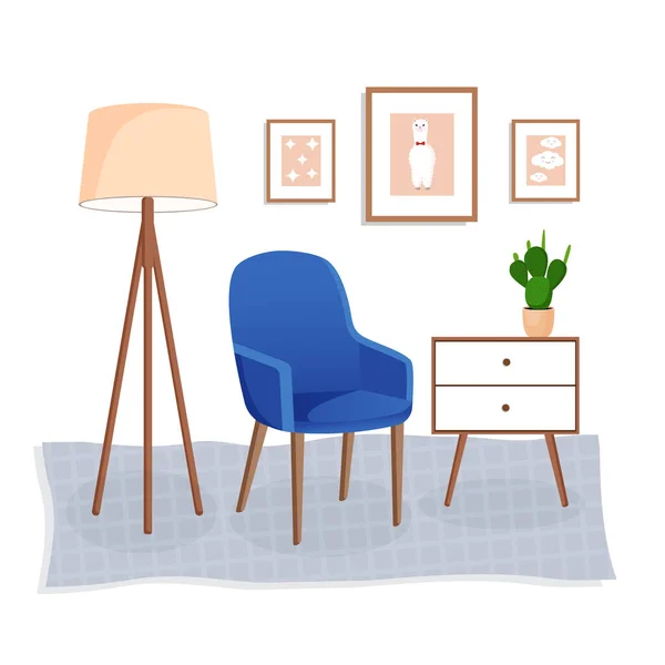 モダンな家具や植物とかわいいインテリア 柔らかい椅子 カーペット 家の植物 写真やランプ付きの居心地の良いリビングルームのデザイン ベクトルフラットスタイルイラスト — ストックベクタ