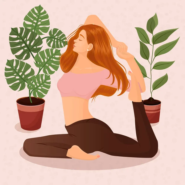Illustration of a red-haired girl doing yoga at home on the background of pots with flowers and leaves. The concept of yoga, meditation, sports, healthy lifestyle, yoga poses, asana