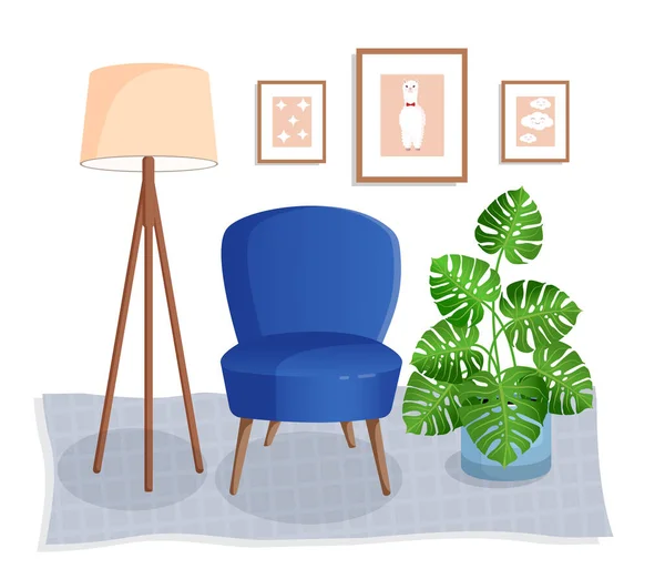 Aranyos Belső Tér Modern Bútorokkal Növényekkel Design Egy Hangulatos Nappali — Stock Vector