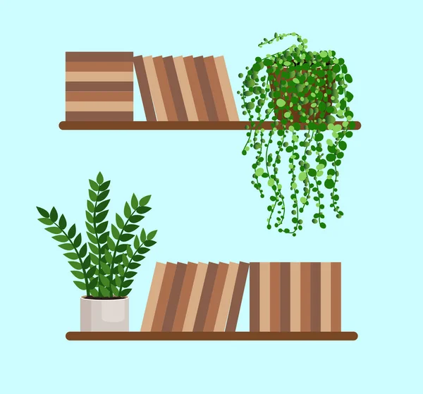 Regały z stosami książek z roślinami domowymi na ścianie. Ilustracja wektorowa elementów dekoracji wnętrz — Wektor stockowy