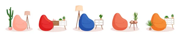 Set of cute interiors with beanbags. Cute interior with modern furniture and plants. Vector flat style illustration. Trendy apartment, living room. Collection. — Stock Vector