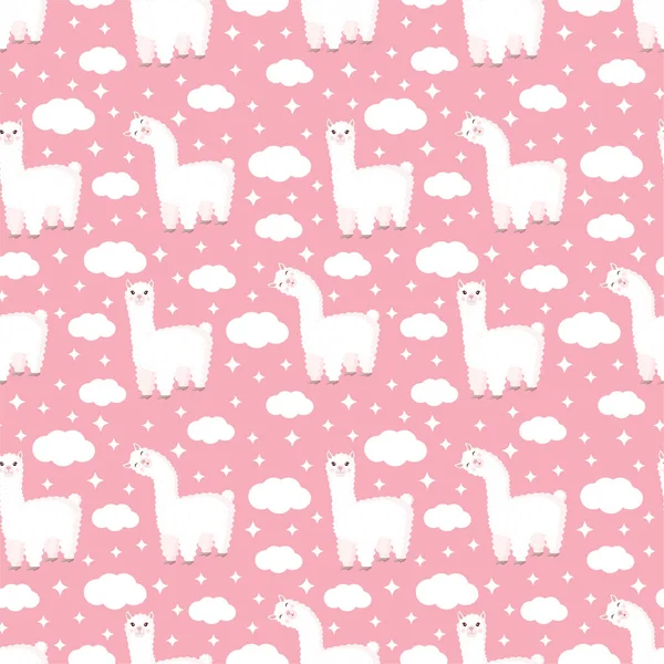 Naadloos patroon met grappige lama, wolken en sterren op een roze achtergrond. Vector illustratie geschikt voor baby textuur, textiel, stof, poster, wenskaart, decor. Leuke alpaca uit Peru. — Stockvector