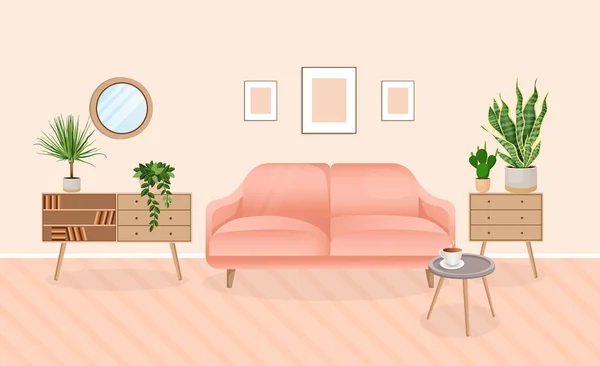 Moderno interior sala de estar com móveis e plantas da casa. Projeto de um quarto acolhedor com um sofá e itens de decoração de casa. Casa de banho. Ilustração em estilo plano vetorial. — Vetor de Stock