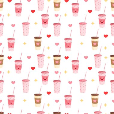 Kahve fincanı ya da çay ile kusursuz desen. Kartpostal, tekstil, dekor, kağıt, doku, ambalaj için kamış şeklinde sevgililer günü dokusu olan plastik bardağın vektör çizimi