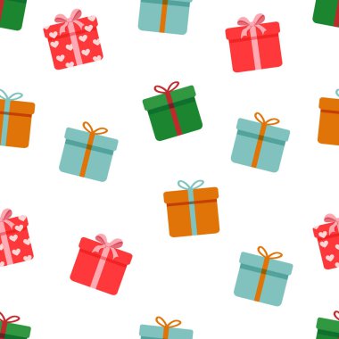 Hediye kutularıyla kusursuz desen. Sevgililer günü için vektör dokusu çizimi, kartpostal, tekstil, dekor, kağıt, doku, ambalaj için noel ve diğer tatiller