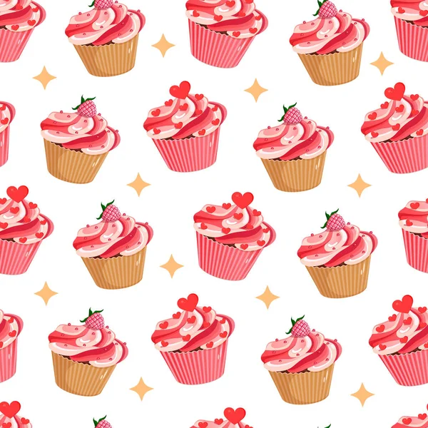 Nahtloses Muster Mit Cupcakes Mit Himbeeren Und Herzen Vektortexturillustration Für — Stockvektor