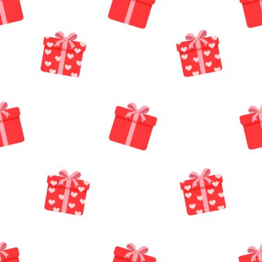 Hediye kutularıyla kusursuz desen. Sevgililer günü için vektör dokusu çizimi, kartpostal, tekstil, dekor, kağıt, doku, ambalaj için noel ve diğer tatiller
