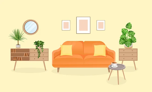 Moderne Wohnzimmereinrichtung mit Möbeln und Zimmerpflanzen. Gestaltung eines gemütlichen Zimmers mit Sofa und Dekorationsartikeln. Toilette. Vektorflache Illustration. — Stockvektor