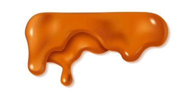 Eritilmiş karamel sosu beyaz arka planda izole edilmiş. Turuncu ya da kahverengi boya lekeleri. Vektör çizimi. Gerçekçi yatay sızıntı şurubu damlıyor