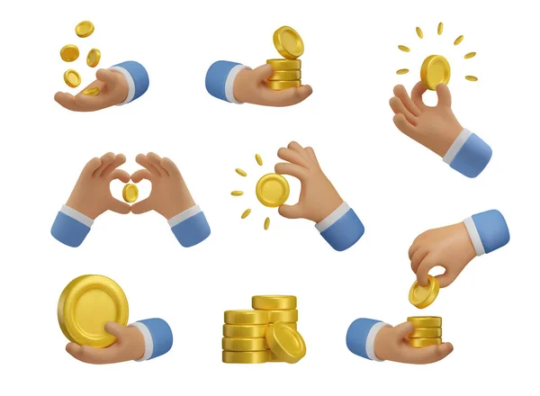 Money Emoji Set Икона Держит Руках Монеты Реалистичный Вектор Визуализации — стоковый вектор