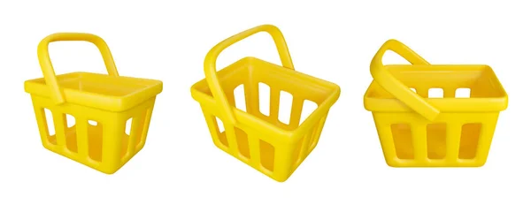 Yellow Shopping Basket Icon Set Vector Realistic Render Supermarket Cart — ストックベクタ