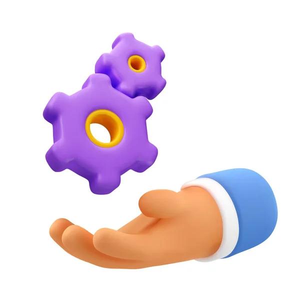 Vektör 3 boyutlu el ve vites simgesi. Takım çalışması konsepti. Teknik destek illüstrasyonu, beyaz arka planda izole edilmiş. Çizgi film gerçekçi çark