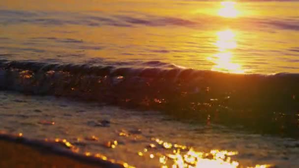 Nahaufnahme Meereswellen, die bei goldenem Sonnenaufgang am Strand Sand spritzen. Sonnenlicht — Stockvideo