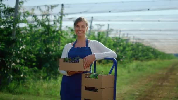 Красива жінка-фермерка дивиться камеру біля свіжої фруктової коробки в аграрному саду . — стокове відео