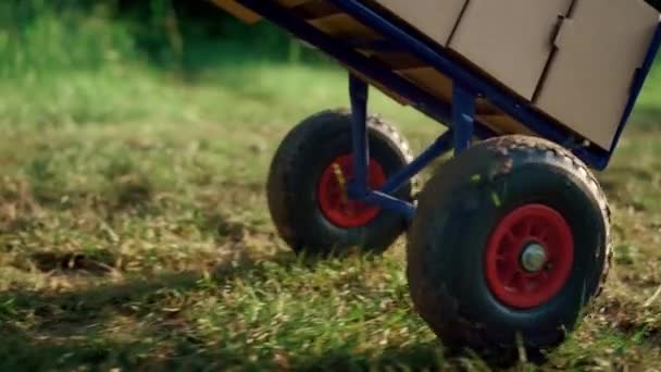 Farming equipment wheelbarrow crate in Eological farm area plantation house. — Stock video