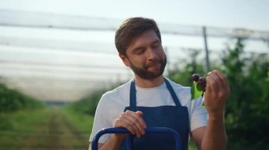 Modern yaz bahçesine bakan başarılı çiftçi. Çiftlik kavramı.