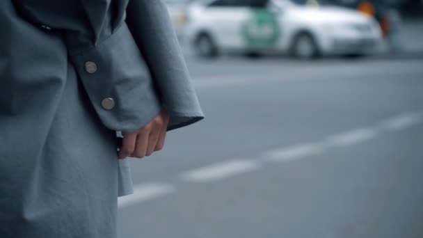 Днем дорога женского ручного города. Женщина переходит улицу в центре города. — стоковое видео