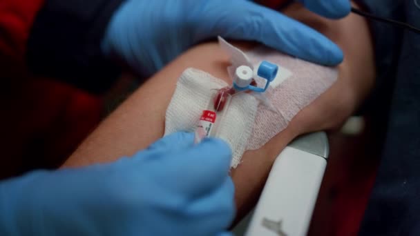 Doctor tomando sangre de la vena humana en el tubo. Análisis de sangre paramédico — Vídeos de Stock