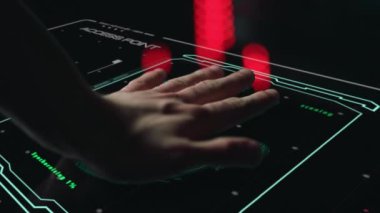 Palm print scanner identifying person launching modern digital system close up